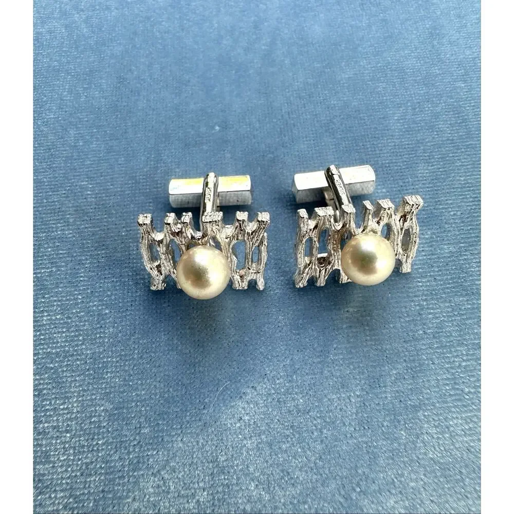 Vintage Mid Century Brutalist Sterling Silver Pearl Cufflinks Abstract Openwork